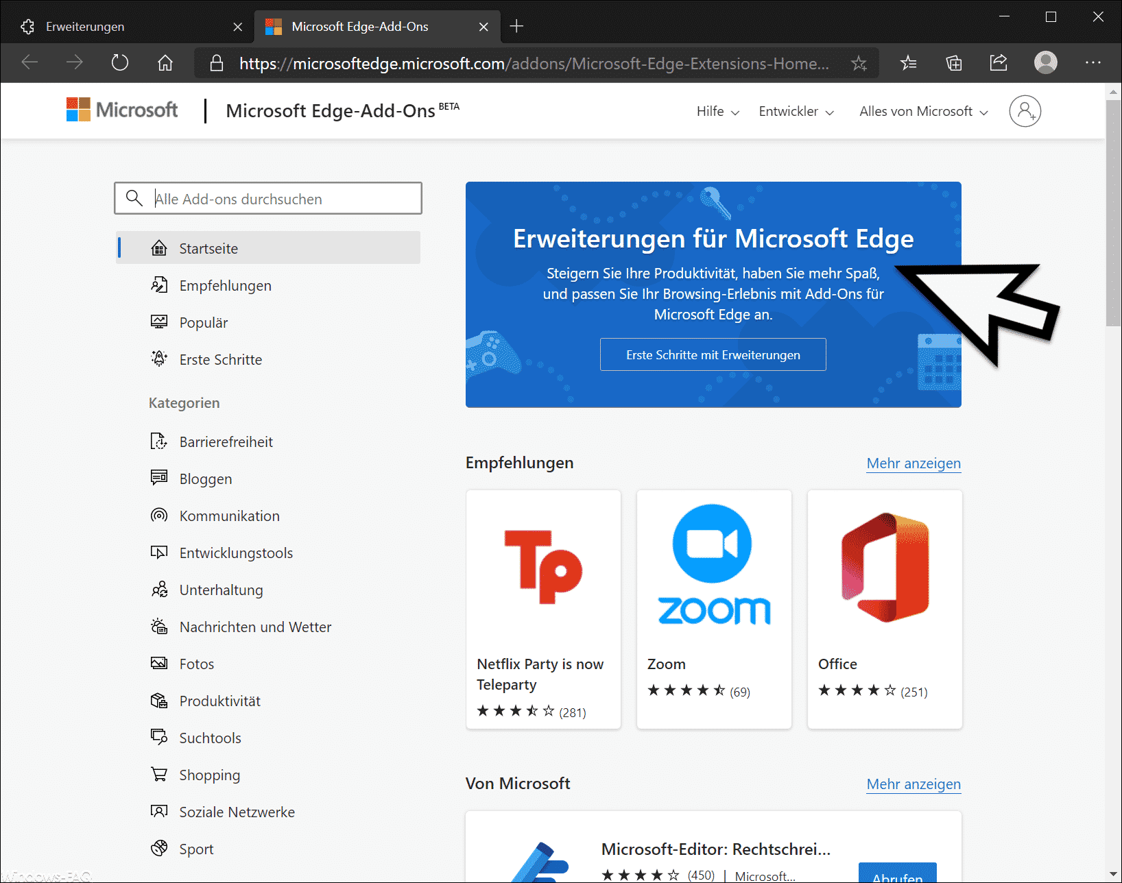 Erweiterungen für Microsoft Edge Chromium (Add-Ons)