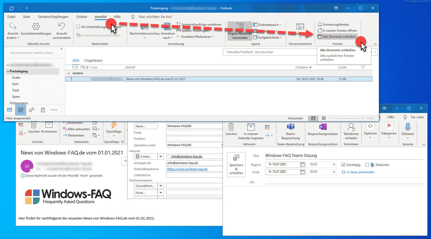 Alle Outlook Fenster auf einmal schließen