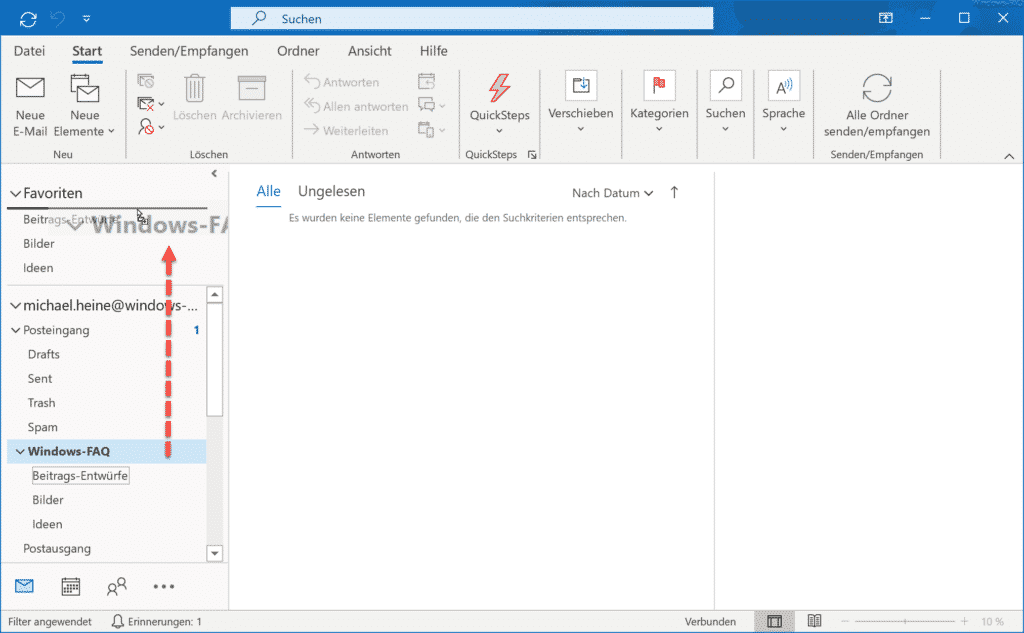 Outlook Ordner in die Favoritenleiste ziehen per Drag & Drop