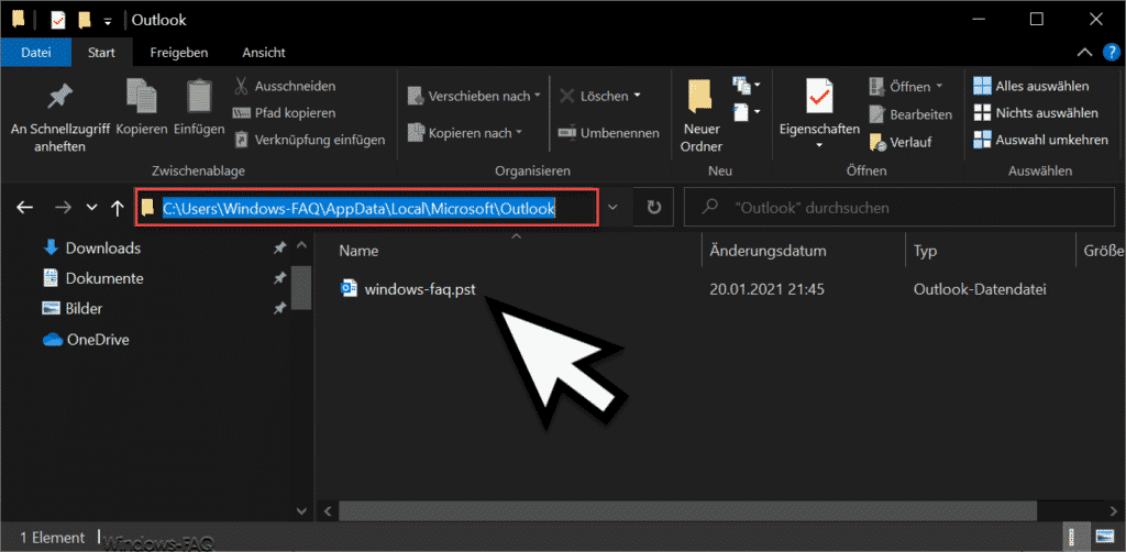 PST Speicherort C:\Users\BENUTERNAME\AppData\Local\Microsoft\Outlook