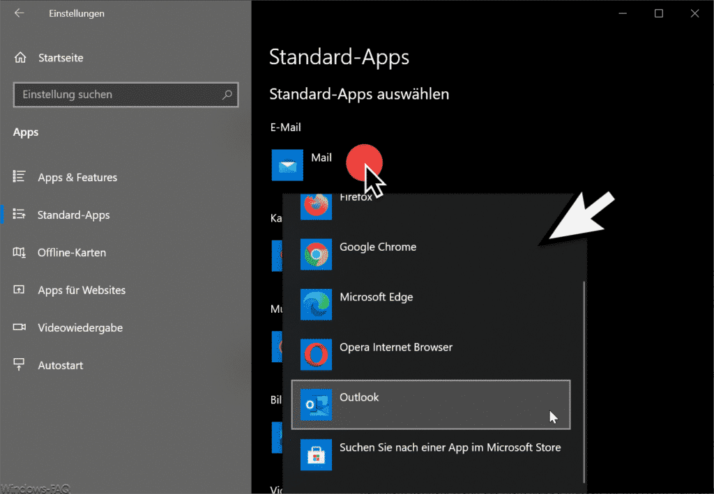 Standard-Apps auswählen wie Mail oder Outlook