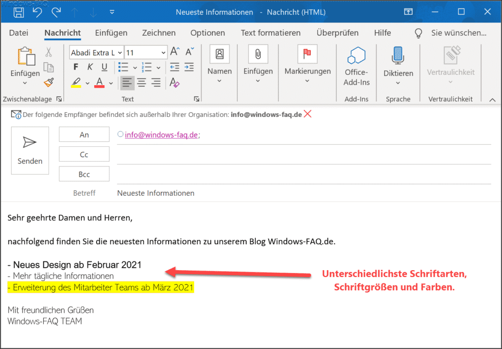 Text mit unterschiedlichen Schriftarten und Farben und Größen