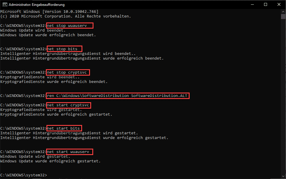 Windows Dienste stoppen SoftwareDistribution umbenennen und Windows Dienste starten