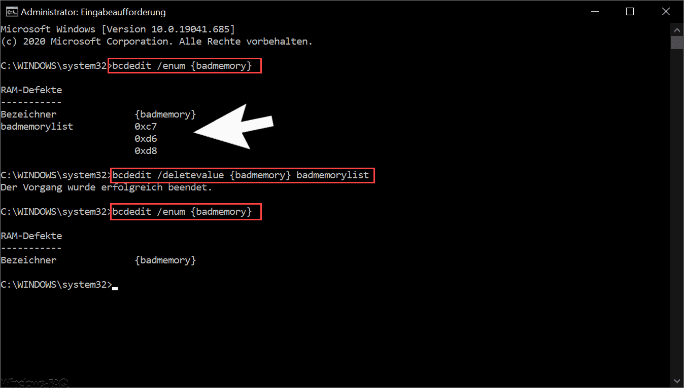 Ramfehler bei Windows mit BCDEDIT auslesen