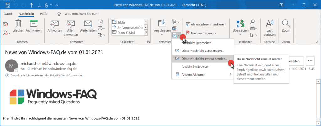 Outlook E-Mail erneut senden