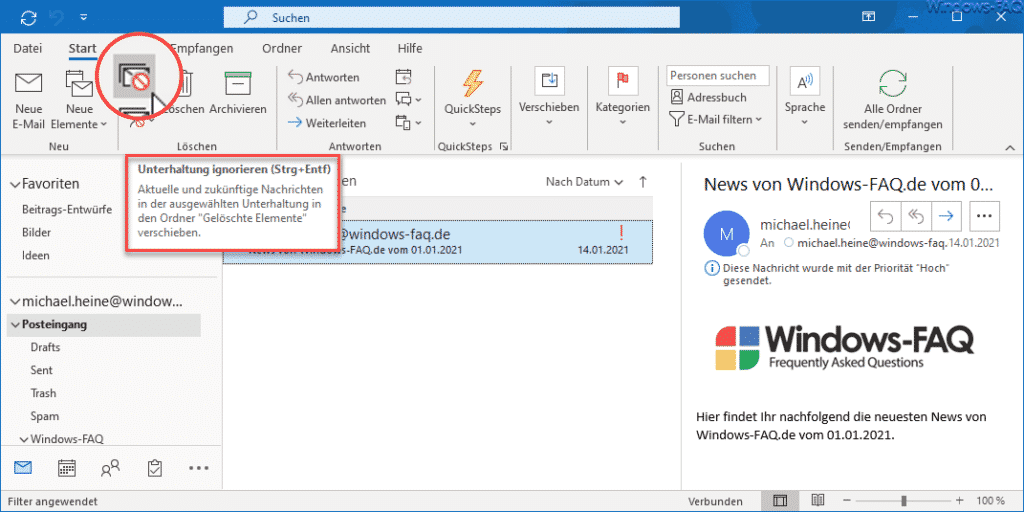 Outlook Unterhaltung ignorieren