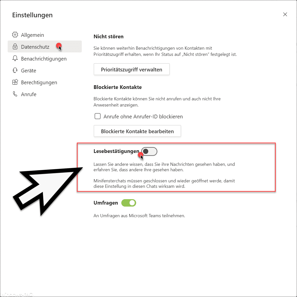 Lesebestätigungen bei Microsoft Teams ausschalten