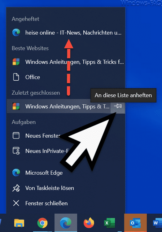 Webseiten vom Chrome, Edge Chromium oder Firefox in den Sprunglisten der Taskleiste anheften