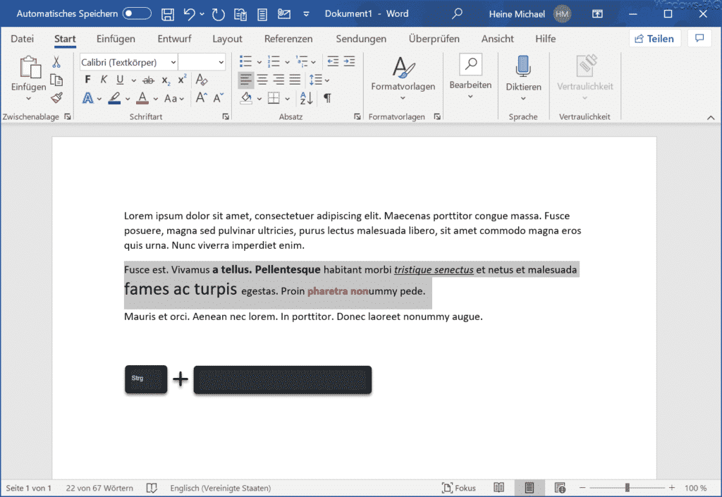 Word Formatierung entfernen mit STRG + Leertaste