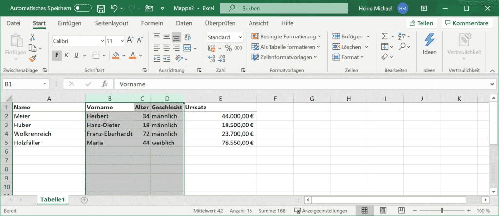 Automatisch formatierte Spaltenbreiten