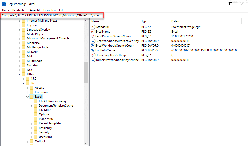 Excel Registry