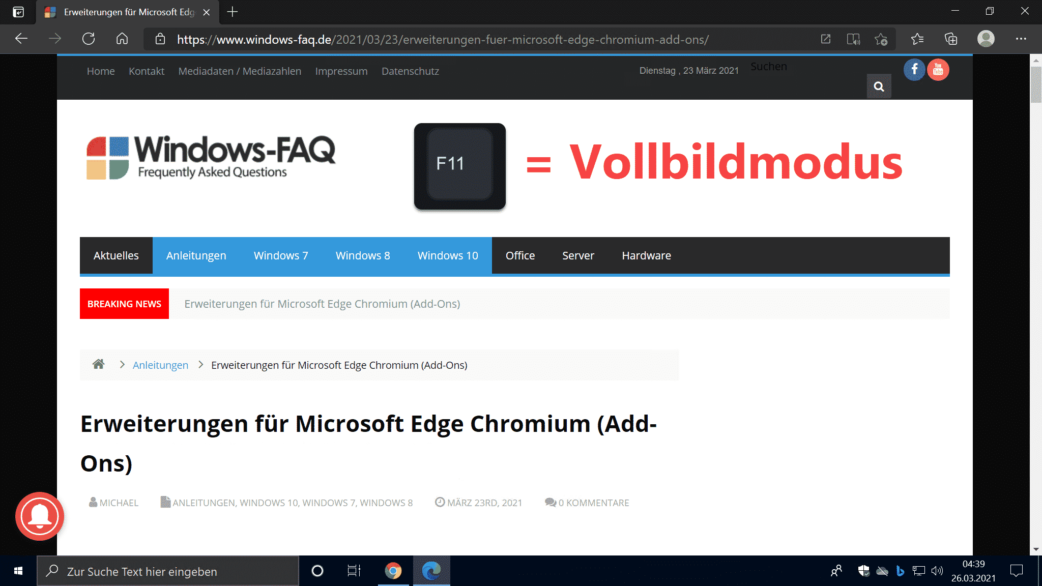 Vollbildmodus im Edge Chromium und Google Chrome