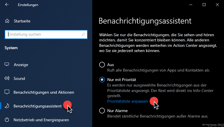 Windows 10 Benachrichtigungen steuern über die Prioritätsliste