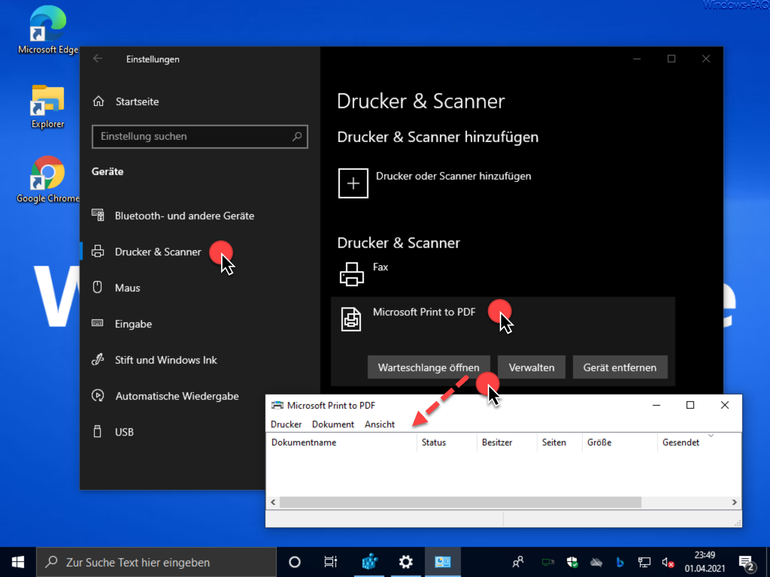 Druckerwarteschlange öffnen bei Windows 10