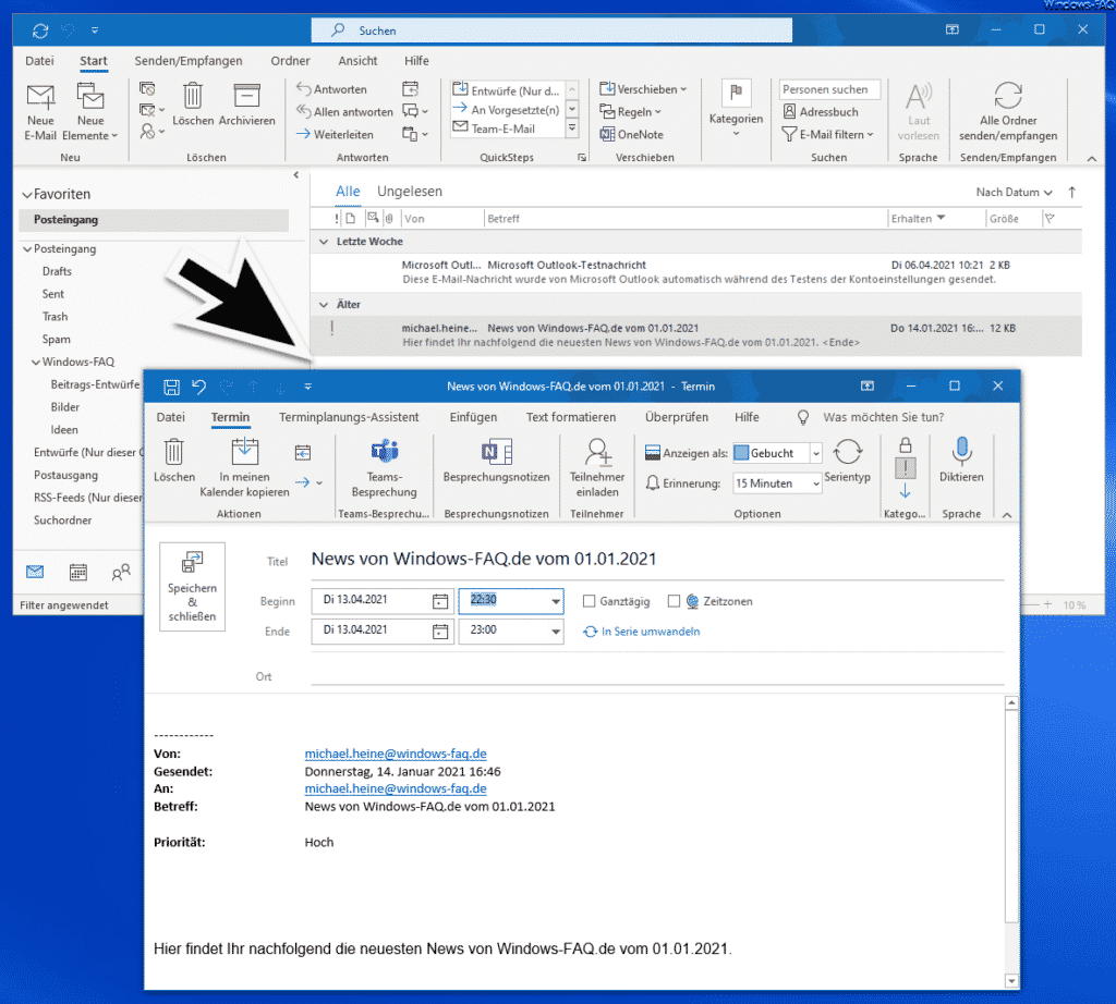 E-Mail umgewandelt in Termin im Outlook