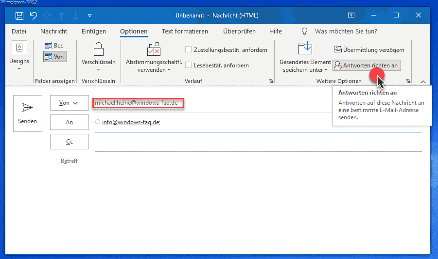 Outlook E-Mail Antwort richten an anderen Empfänger