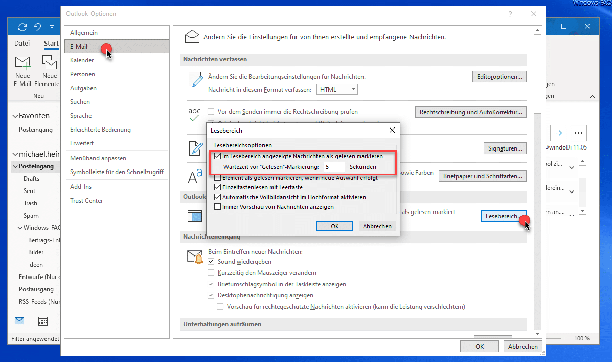 Gelesene E-Mail automatisch nach Sekunden als gelesen markieren in der Outlook Vorschau