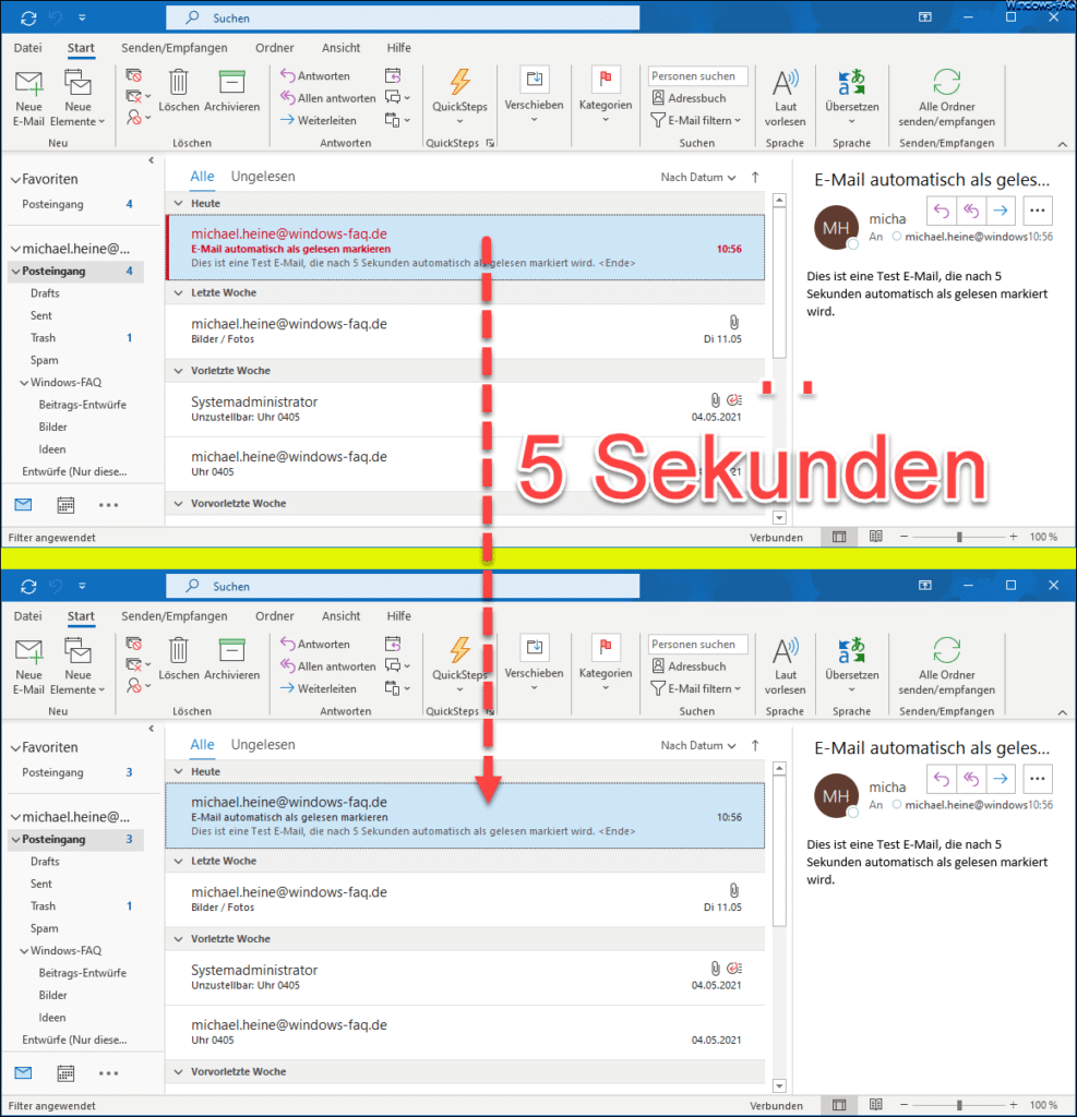 Nach 5 Sekunden wird E-Mail automatisch als gelesen markiert
