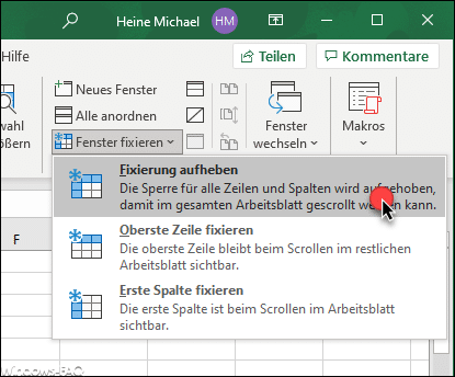 Excel Fixierung aufheben