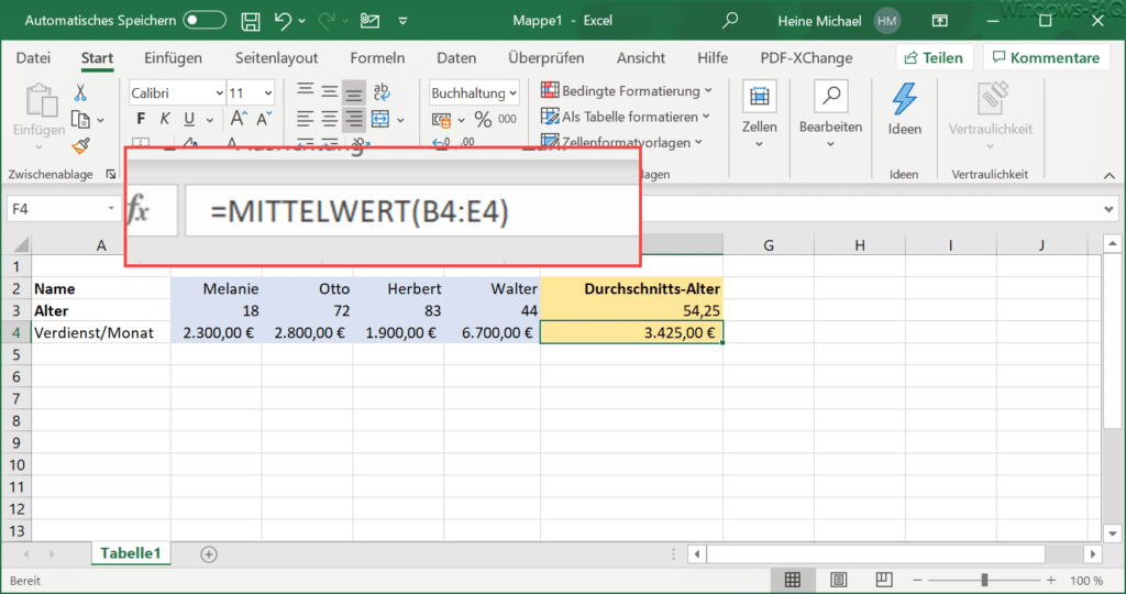 Excel Mittelwert berechnen