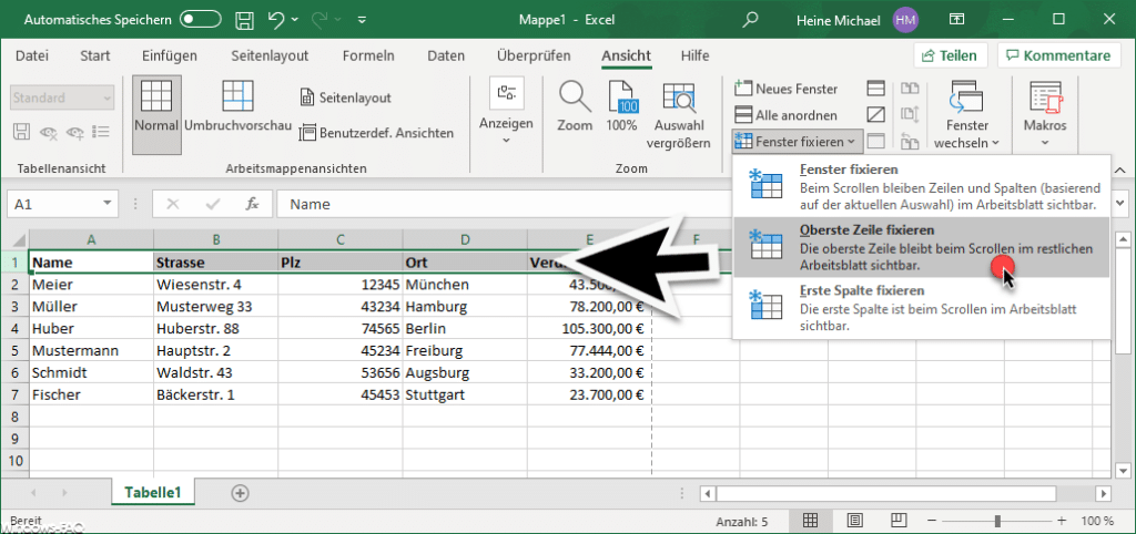 Excel oberste Zeile fixieren