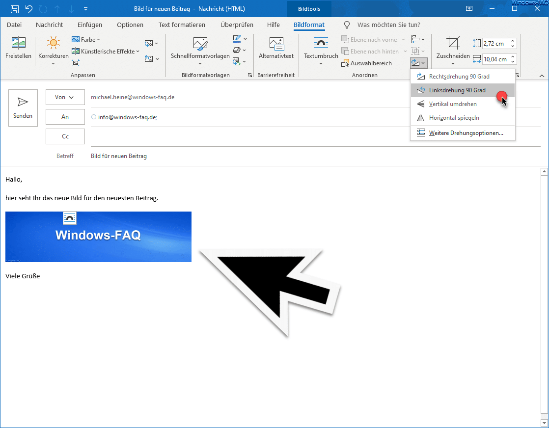Bilder drehen im E-Mail Fenster von Outlook