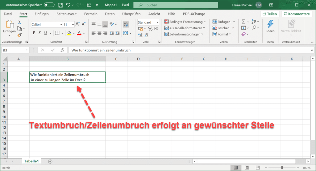 Textumbruch bzw. Zeilenumbruch erfolgt an gewünschter Stelle im Excel