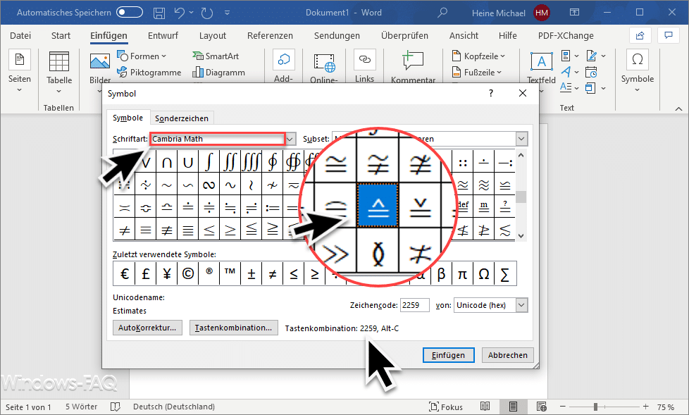 Entspricht Zeichen im Word einfügen