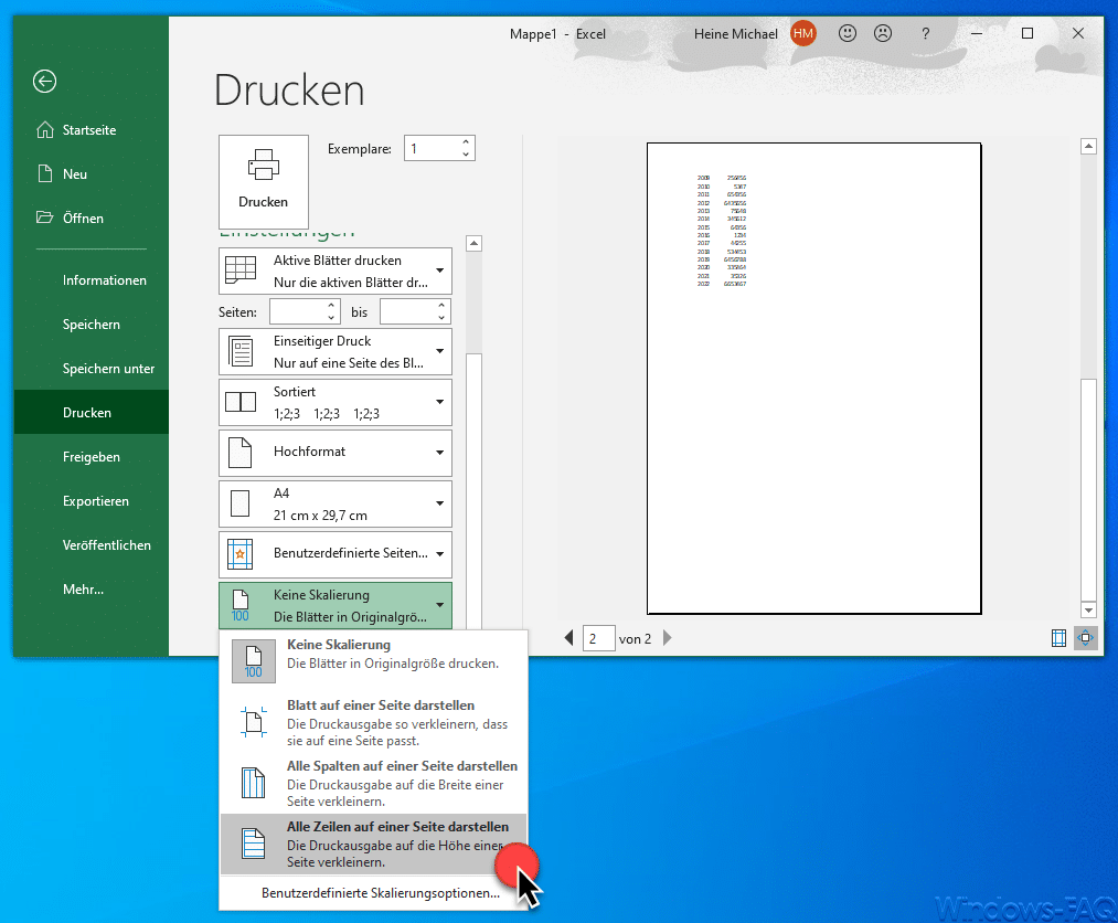 Excel Alle Zeilen auf einer Seite darstellen