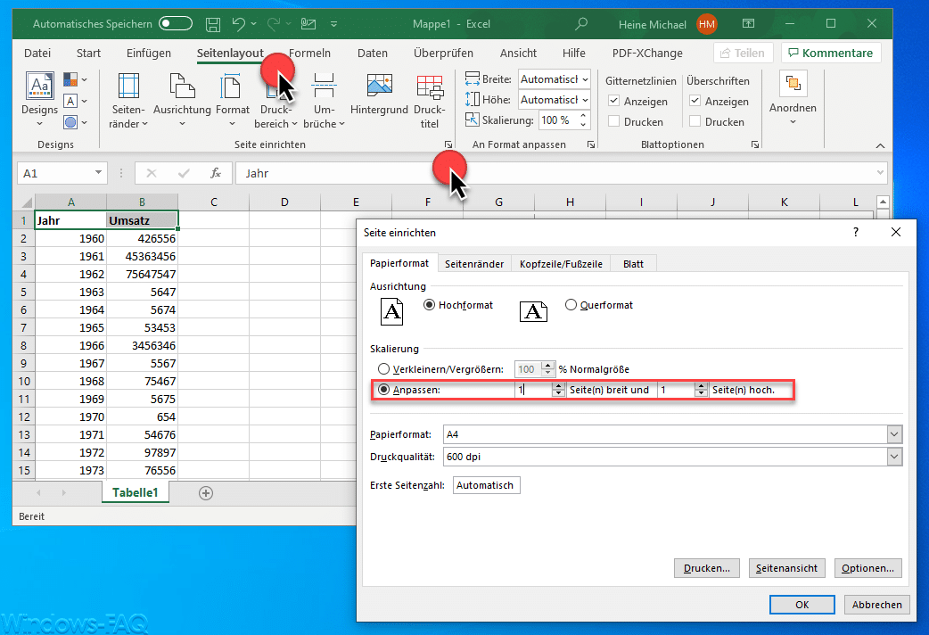 Excel – Seite skalieren und alle Spalten und Zeilen auf eine Seite drucken
