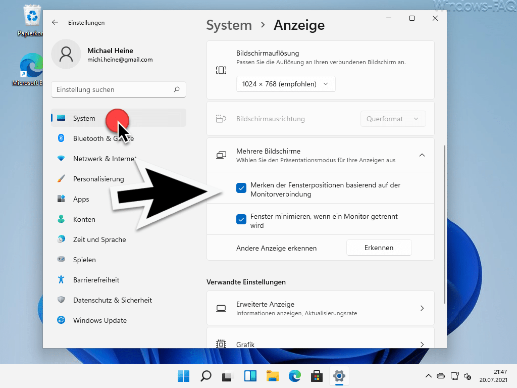 Merken der Fensterposition auf den Bildschirmen bei Windows 11