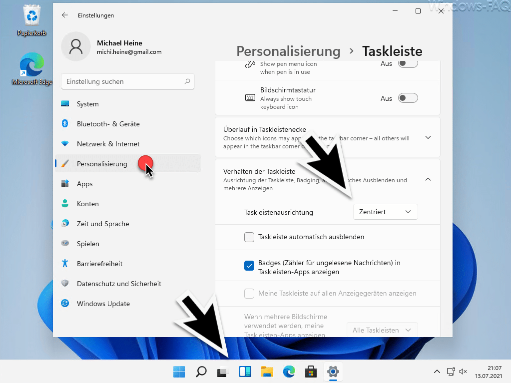 Taskleiste in der Mitte Windows 11