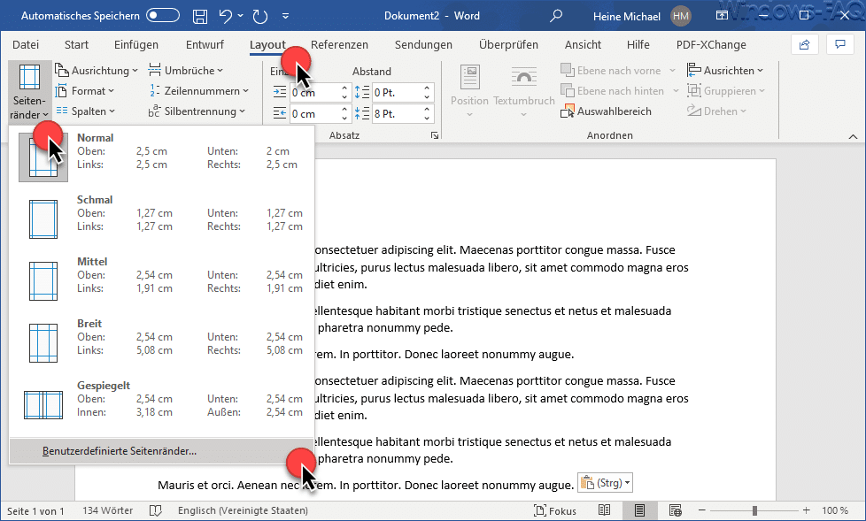 Word Layout Benutzerdefinierte Seitenränder