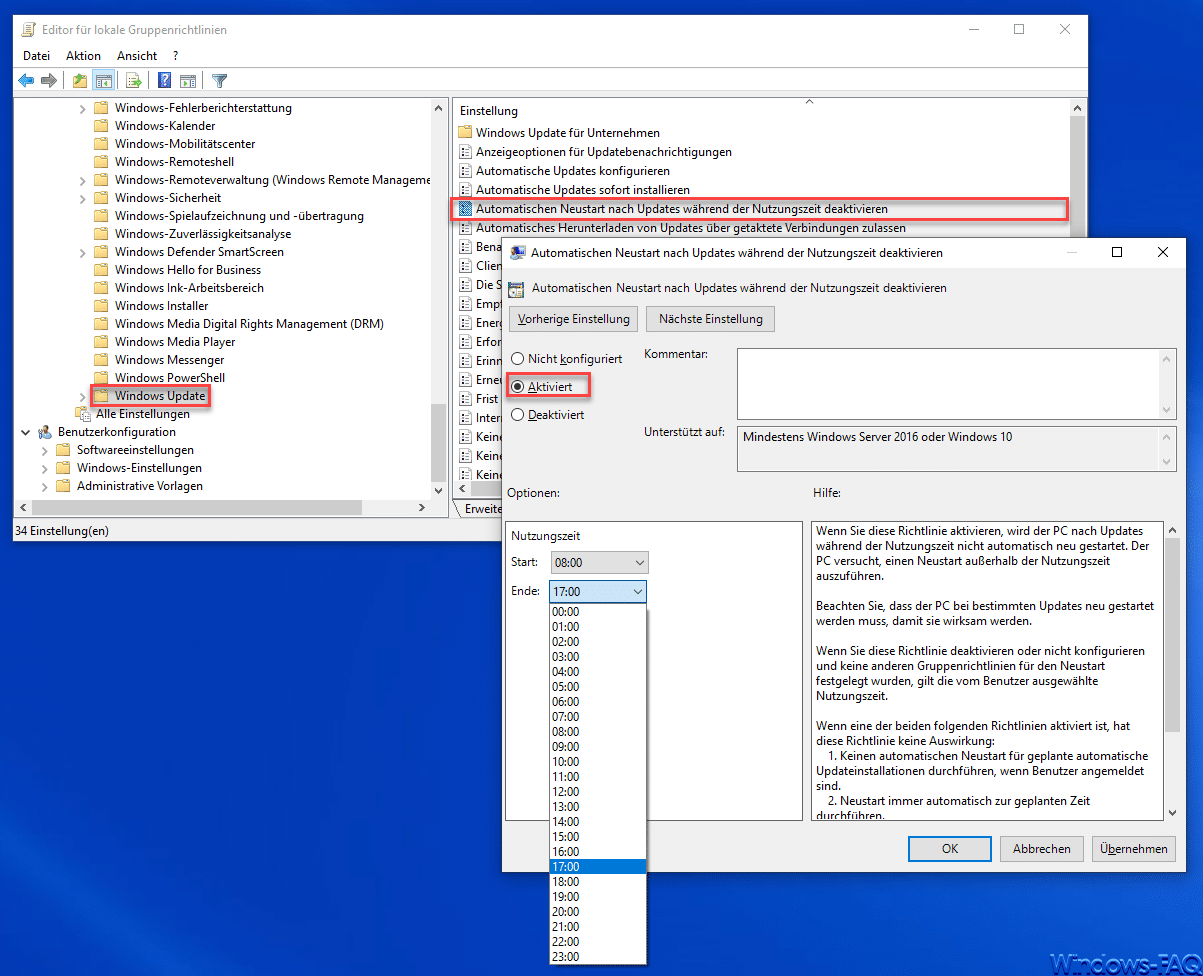 Automatischen Windows Neustart nach Updates während der Nutzungszeit deaktivieren