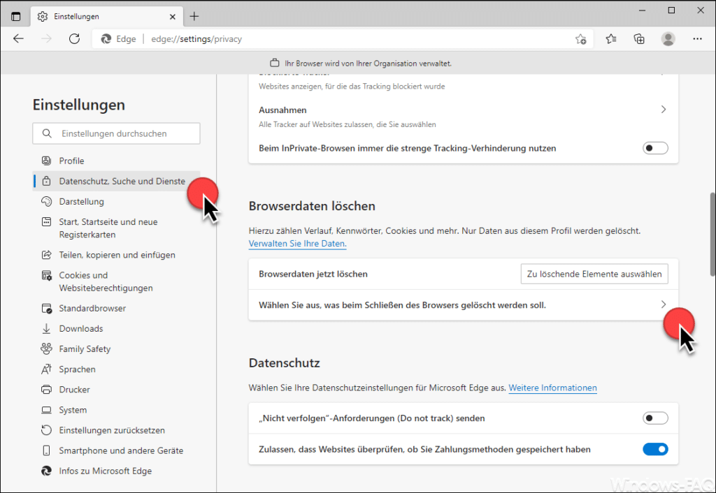 Edge wählen Sie aus was beim Schließen des Browsers gelöscht werden soll