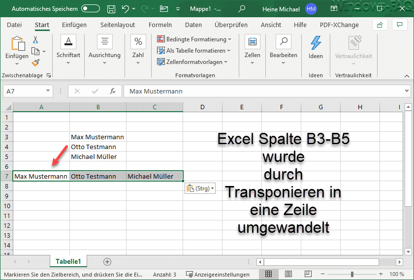 Excel Spalte in Zeile transponiert