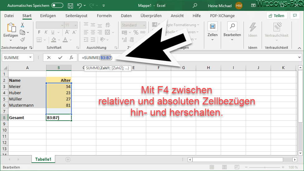 Excel relativer Zellbezug