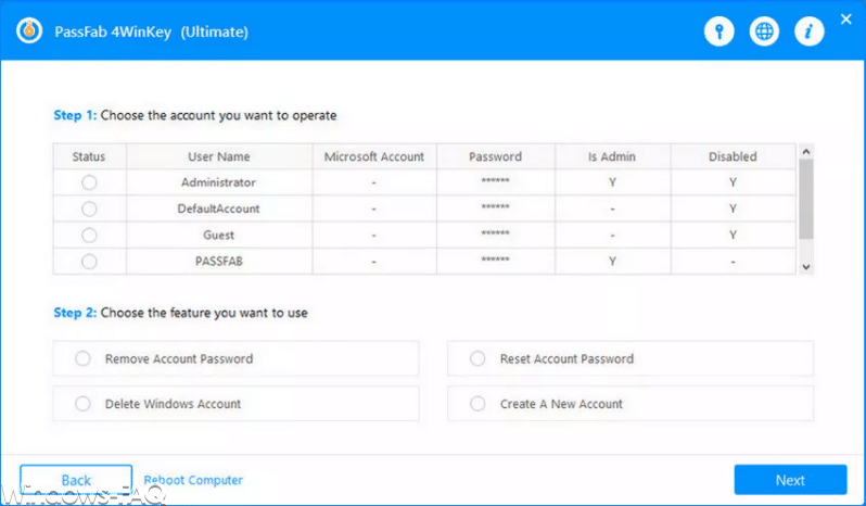 Passfab 4Winkey User und Kennwörter