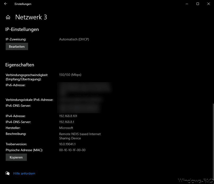 Windows 10 UMTS-LTE Verbindungsdaten