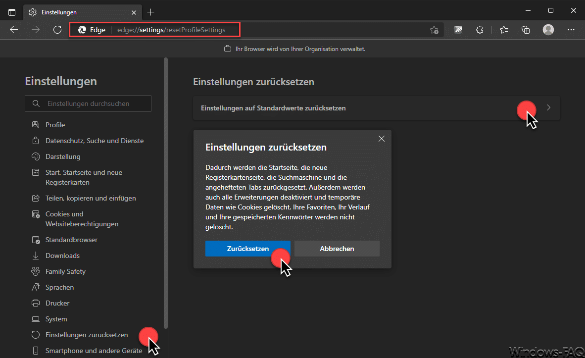 Edge Einstellungen komplett zurücksetzen