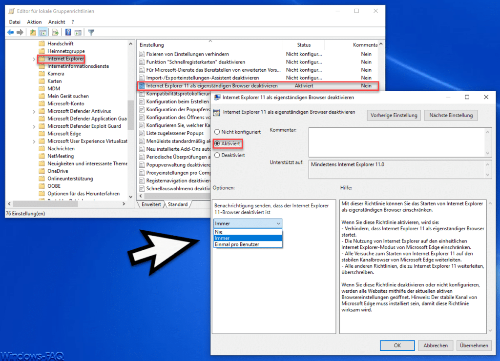 Internet Explorer 11 als eigenständigen Browser deaktivieren