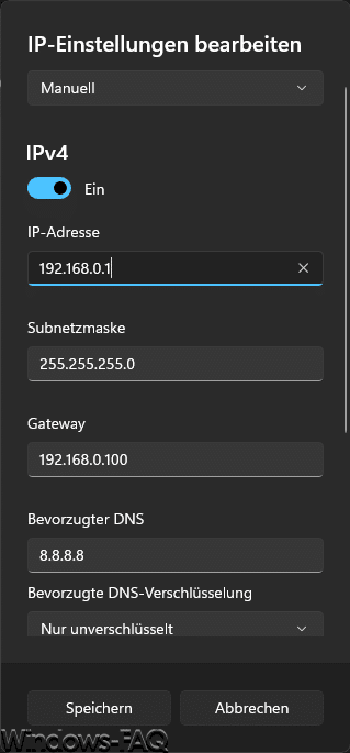 IP-Daten DNS, Subnetzmaske, Gateway