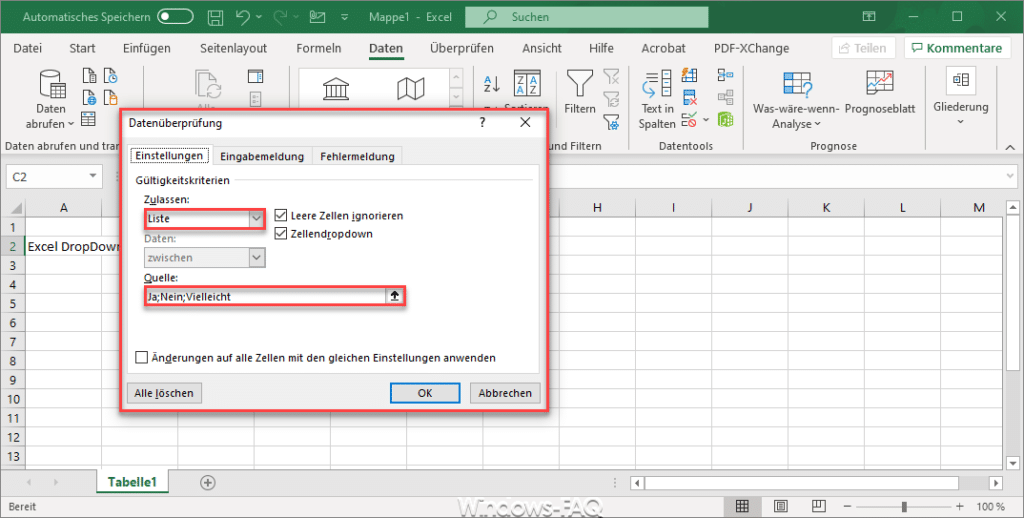 Excel Liste DropDown Menü