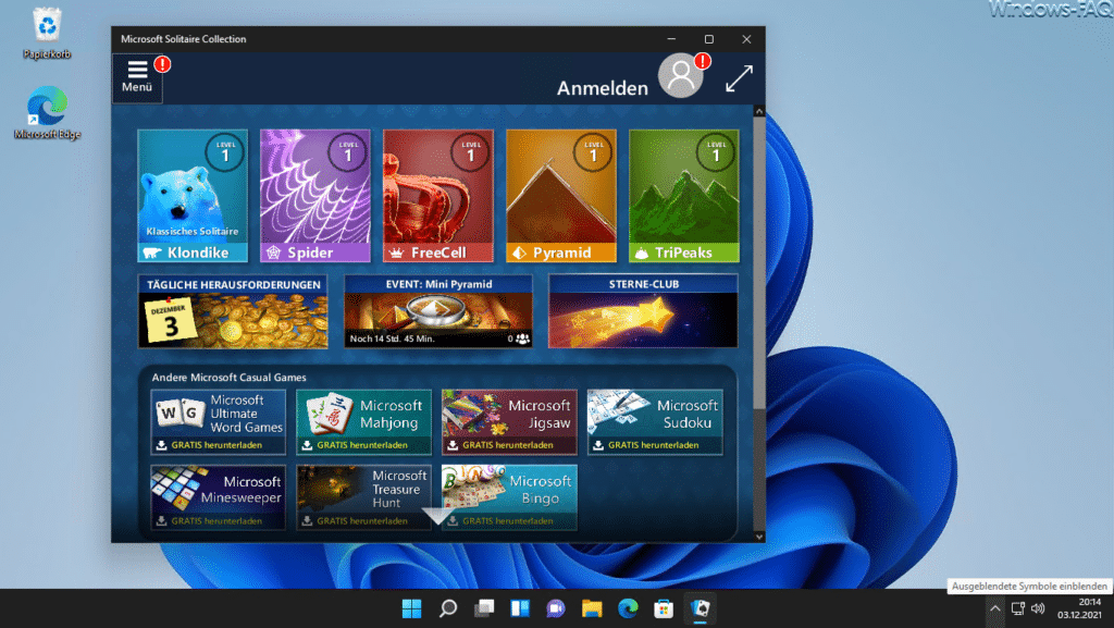 Klondike Spider FreeCell Pyramid TriPeaks Solitär Windows 11