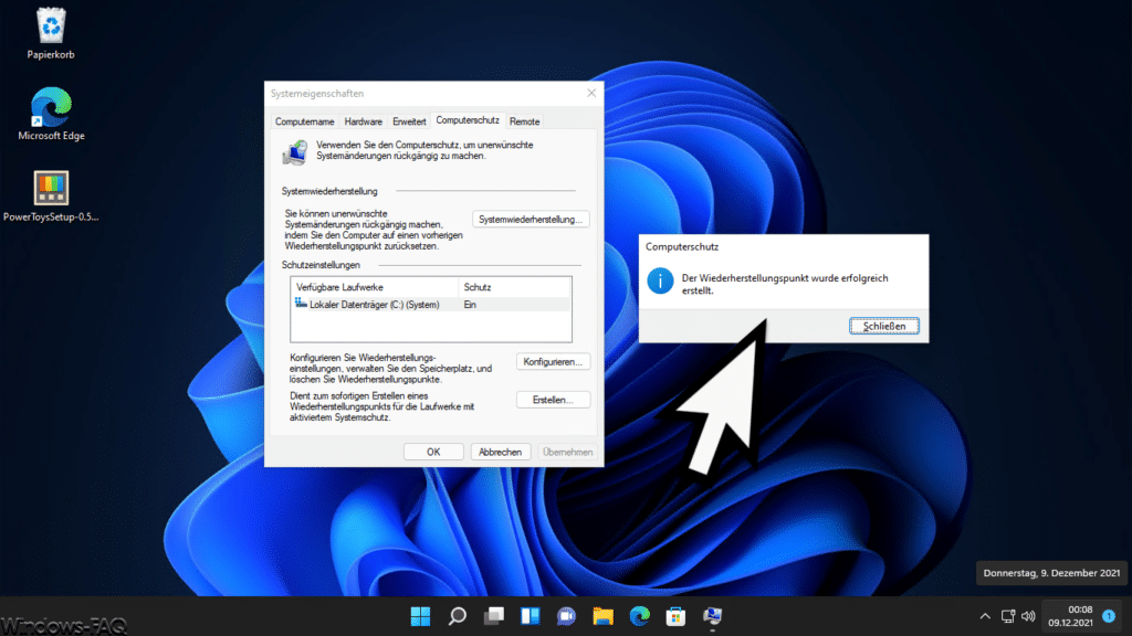 Windows 11 Der Wiederherstellungspunkt wurde erfolgreich erstellt