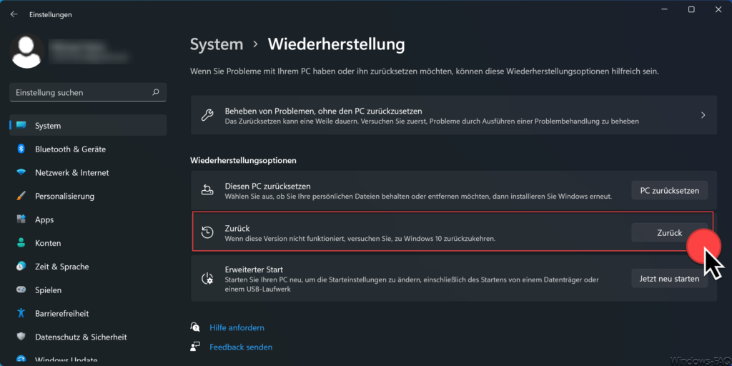 Windows 11 zurück zu Windows 10