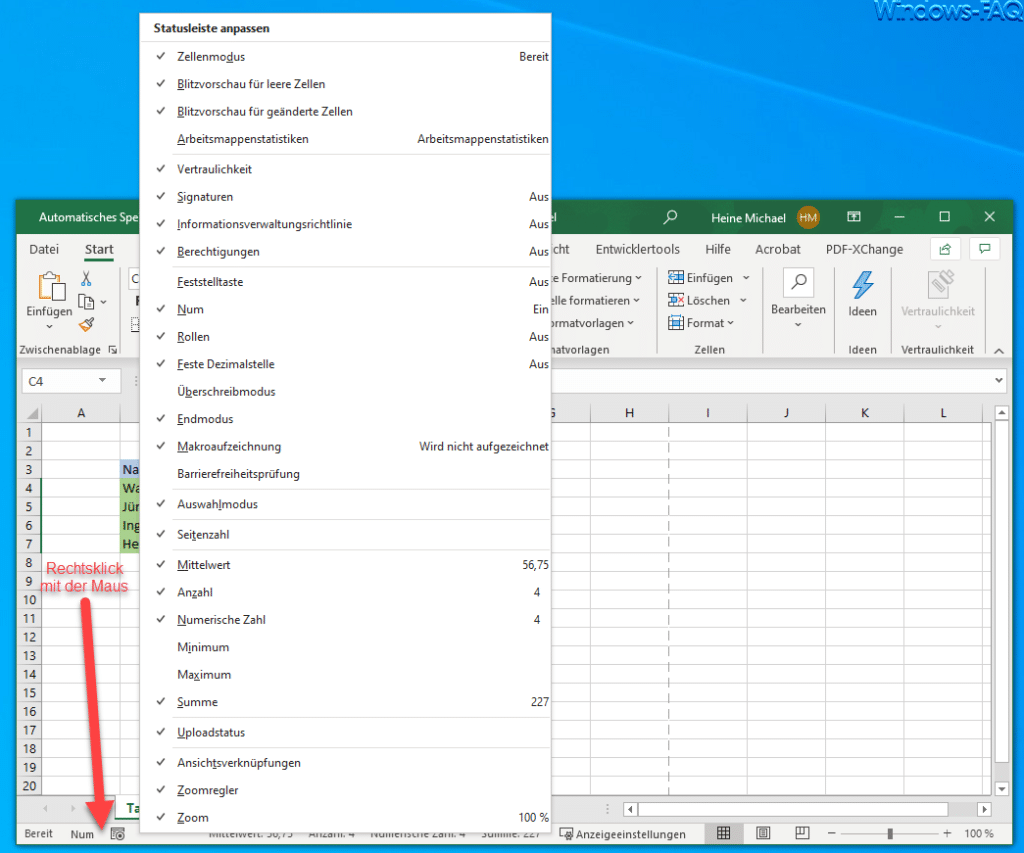 Excel Statusleiste anpassen