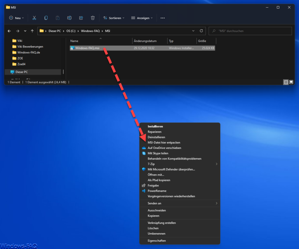 MSI Datei hier entpacken Windows Explorer Kontextmenü