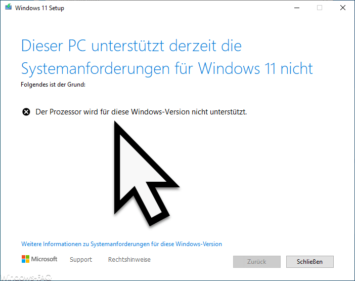 Windows 11 Der Prozessor wird für diese Windows-Version nicht unterstützt