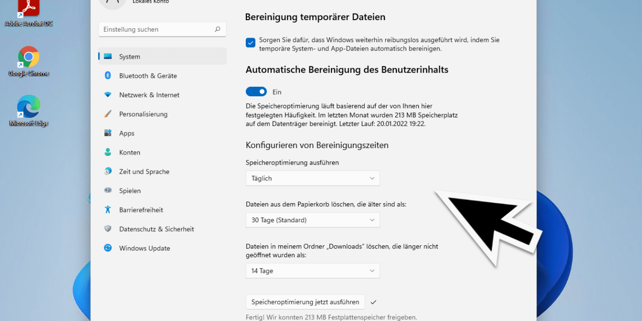 Windows 11 automatisches Löschen von temporären Dateien